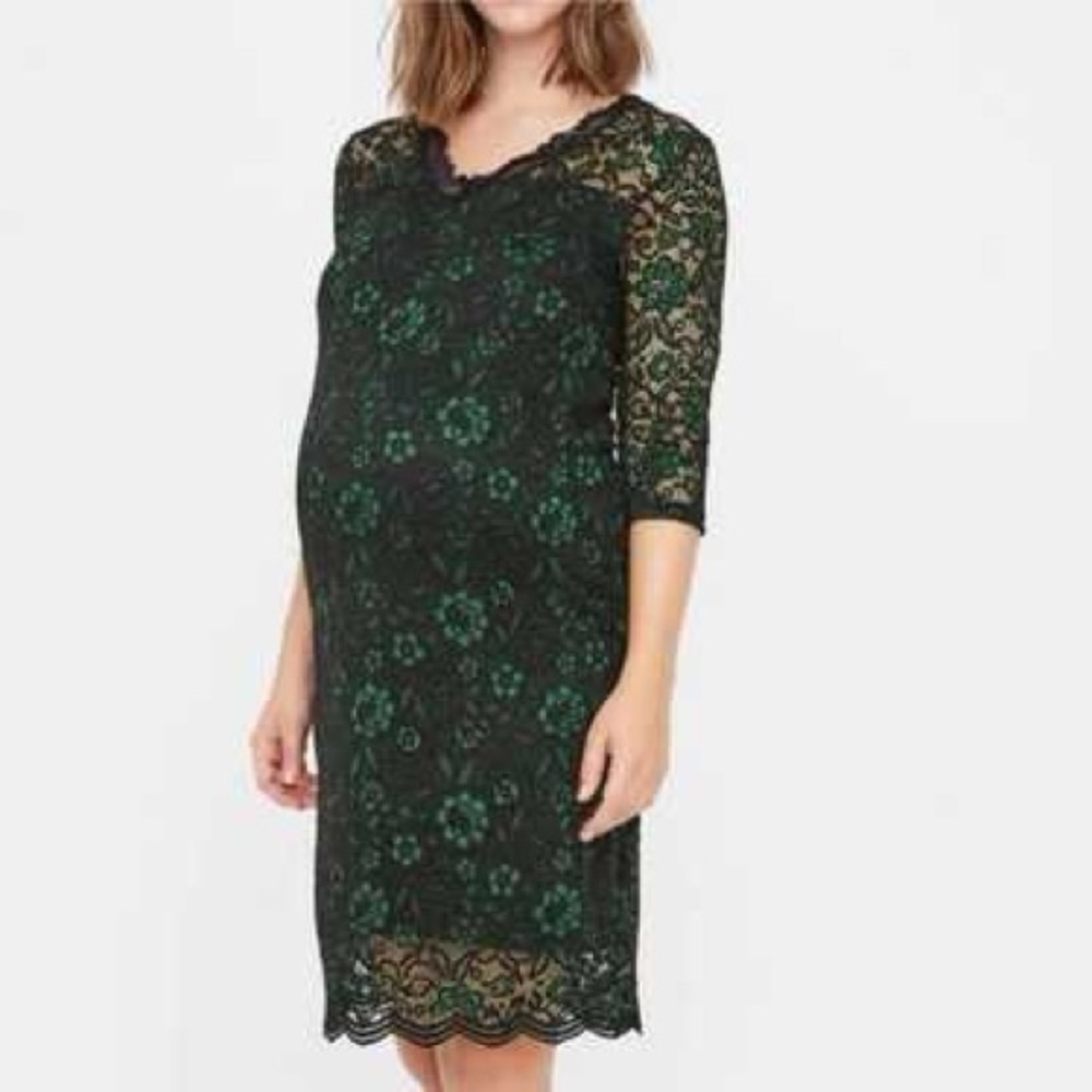 MamaLicious Maternity Black and Green Floral Lace Dress Size M